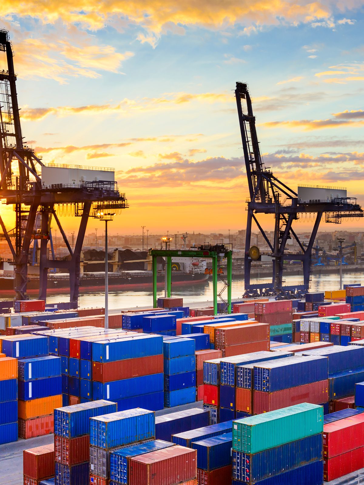 International container port handling cross trade freight at dawn