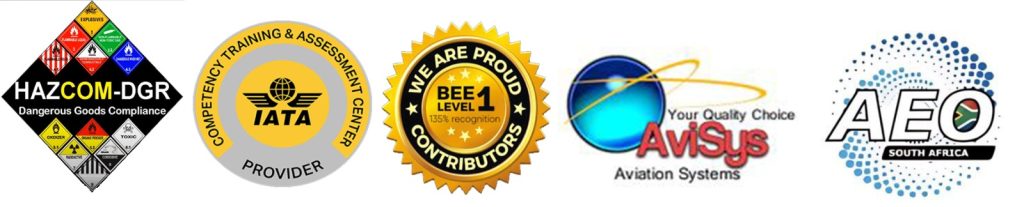 Our accreditations: HAZCOM-DGR Dangerous Goods Compliance, IATA Accredited Provider, BEE Level 1 Contributor, AviSys Aviation Systems and AEO South Africa